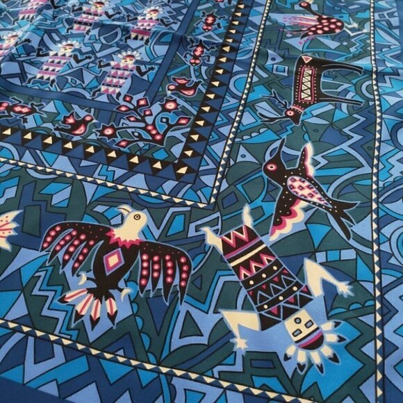 Vintage Jocelyne Mauge Blue & Magenta Scarf With Ethnic Print - Picture 4 of 8